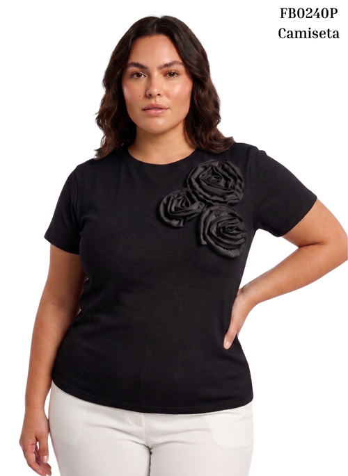Camiseta Manga Corta Con Flores 3D Plus