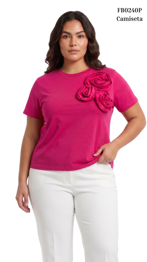 Camiseta Manga Corta Con Flores 3D Plus