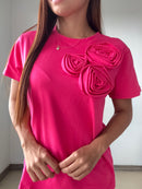 Camiseta Manga Corta Con Flores En 3D