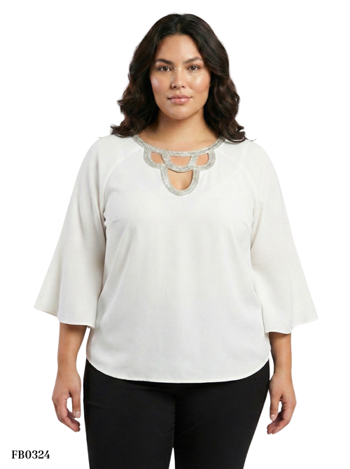 Blusa Manga 3/4 Aplique En Cuello