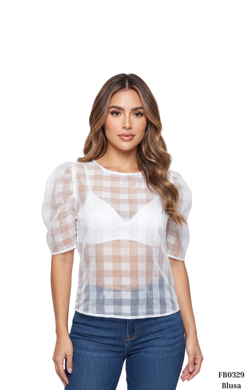 Blusa Manga Corta Globo Tela Cuadros