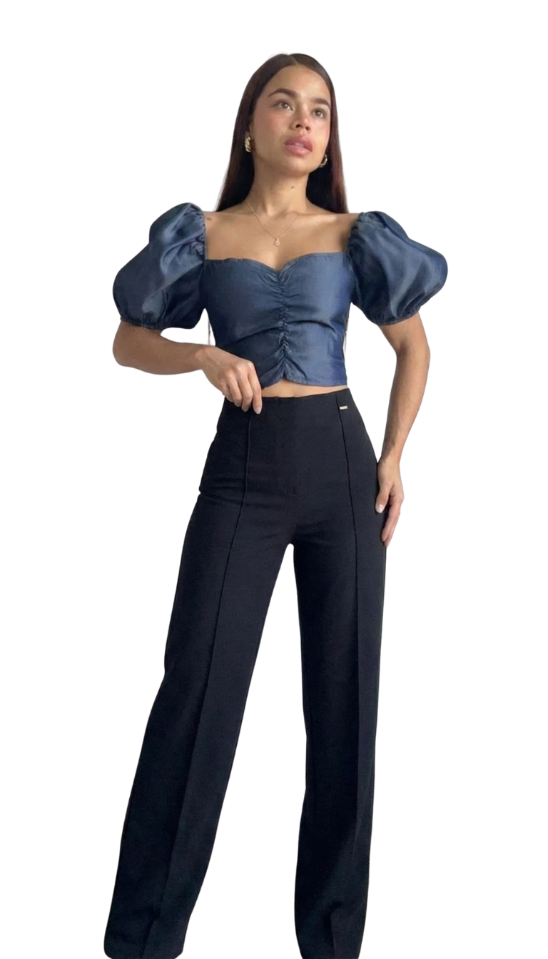 Blusa Mangas Globo Fruncido Frontal