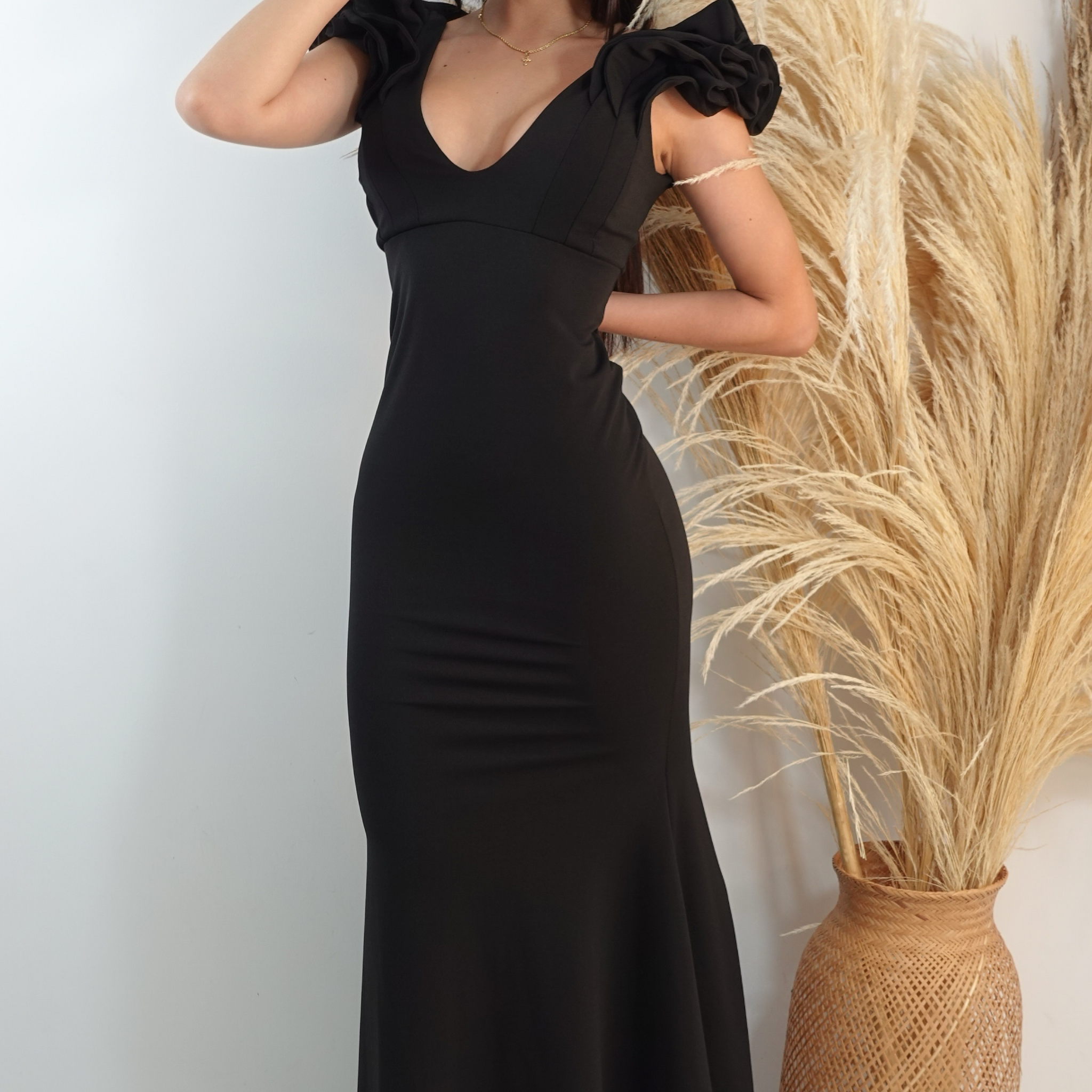 Vestido Largo Cuello V Boleros Hombro