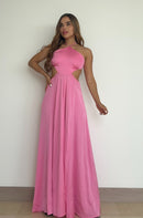 Vestido Satin Escote Tira Amarrar Cuello