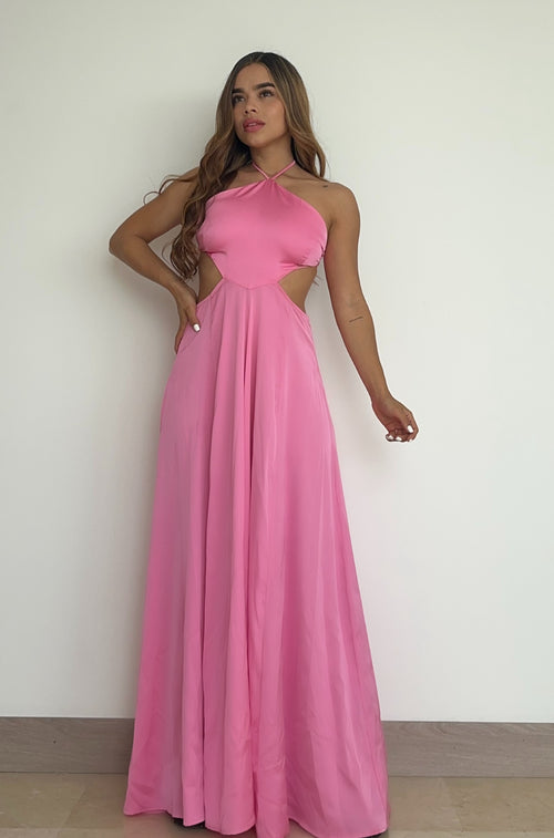 Vestido Satin Escote Tira Amarrar Cuello