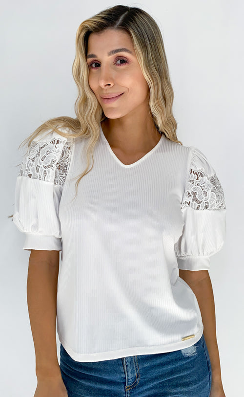 Blusa Rib Manga Encaje
