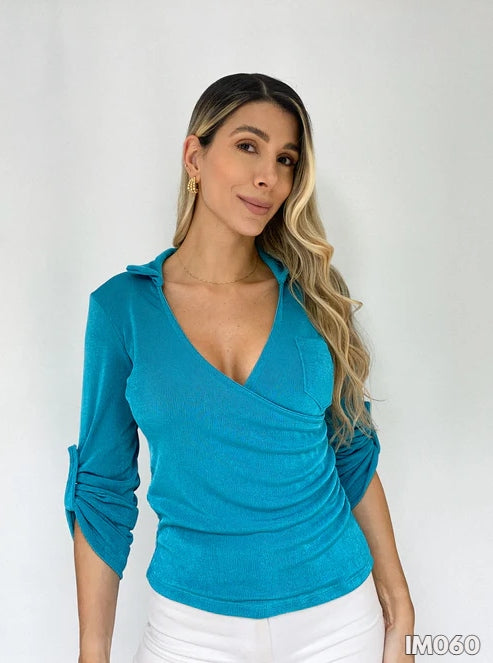 Blusa Manga Escote Cruzado Bolsillo Izq