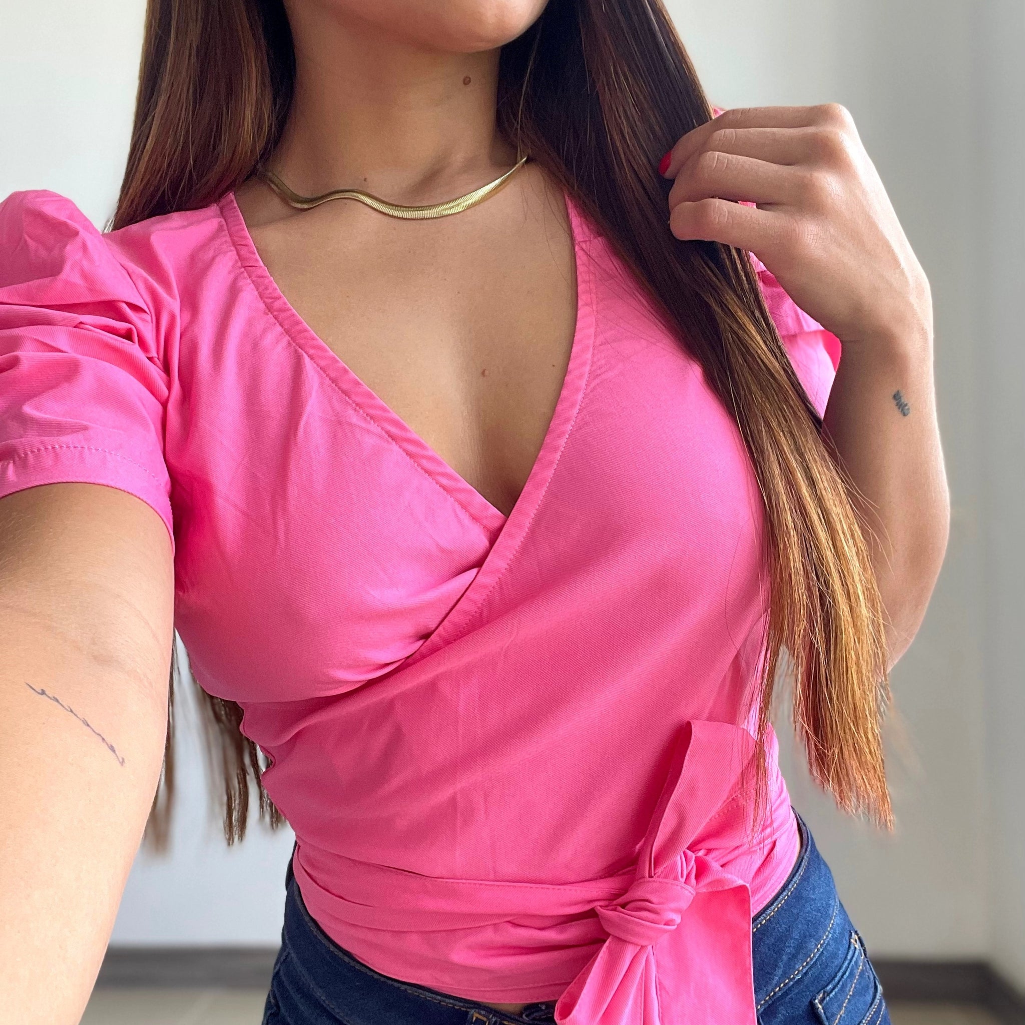 Blusa cuello v amarrar cintura manga corta