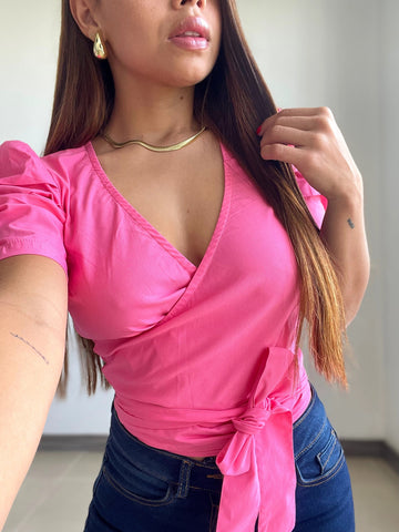 Blusa cuello v amarrar cintura manga corta