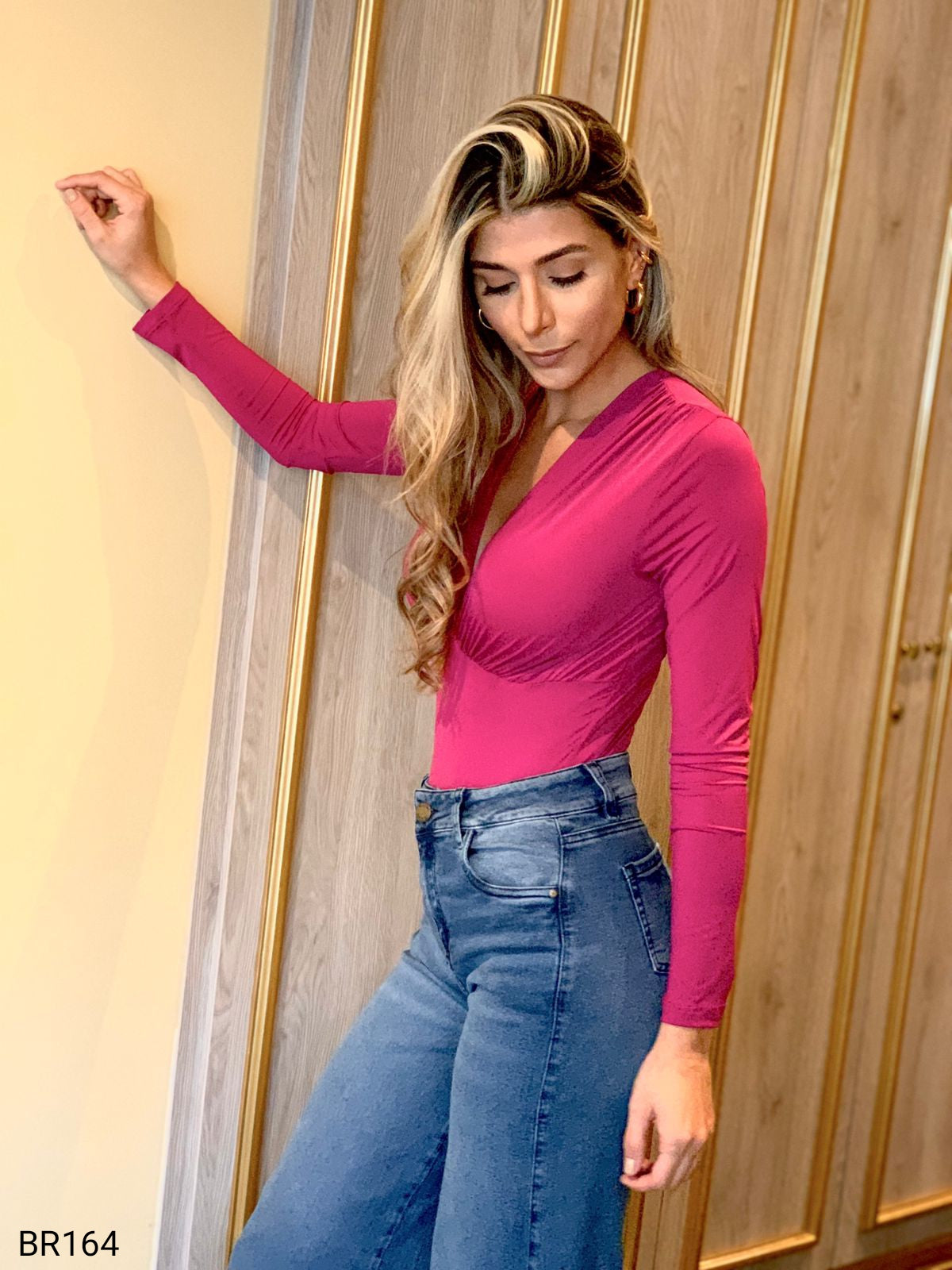 Body Manga Larga Escote V Unicolor