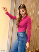 Body Manga Larga Escote V Unicolor