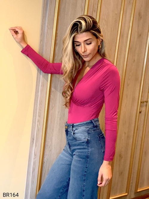 Body Manga Larga Escote V Unicolor