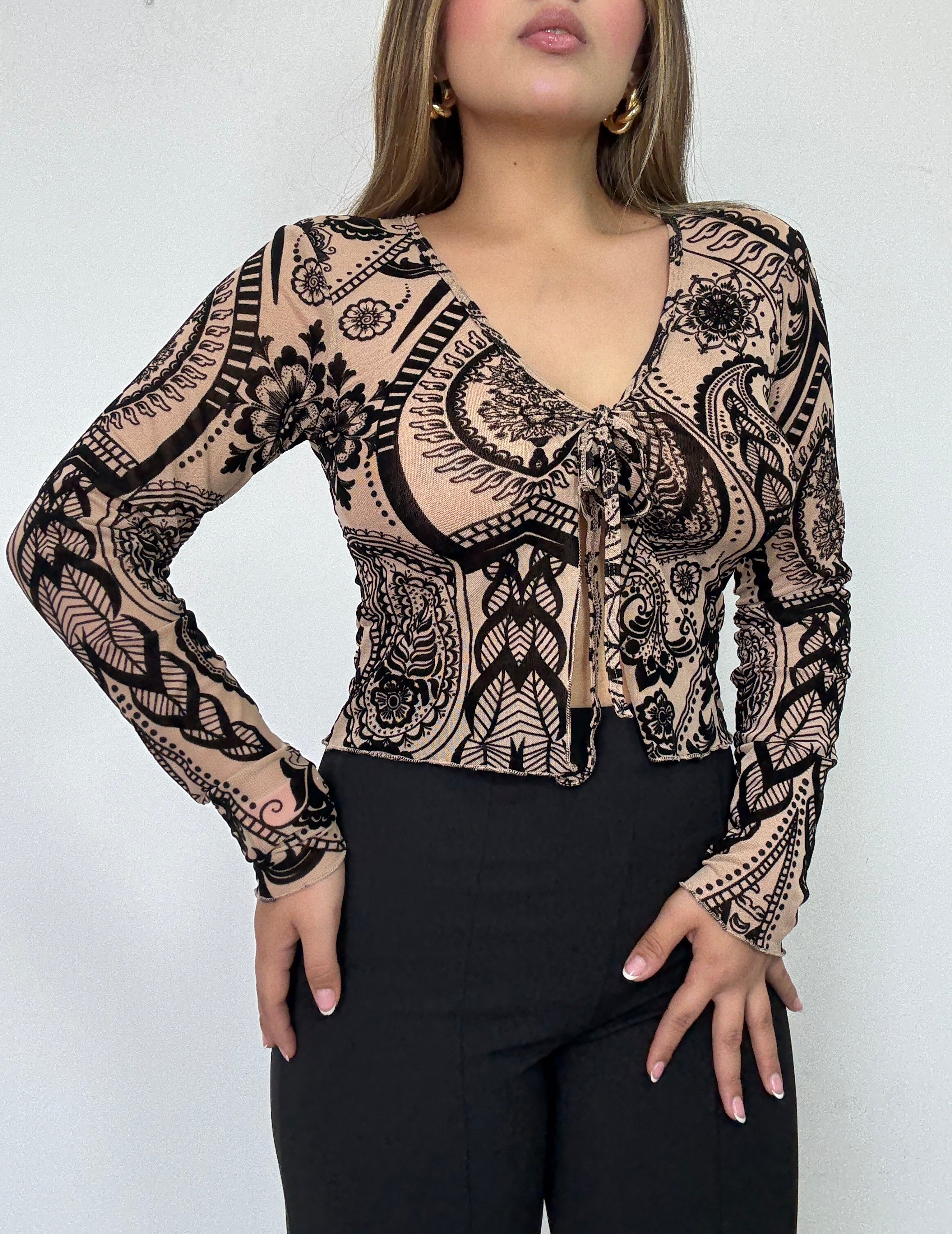 Blusa Manga Larga Estilo Chaleco Amarrar