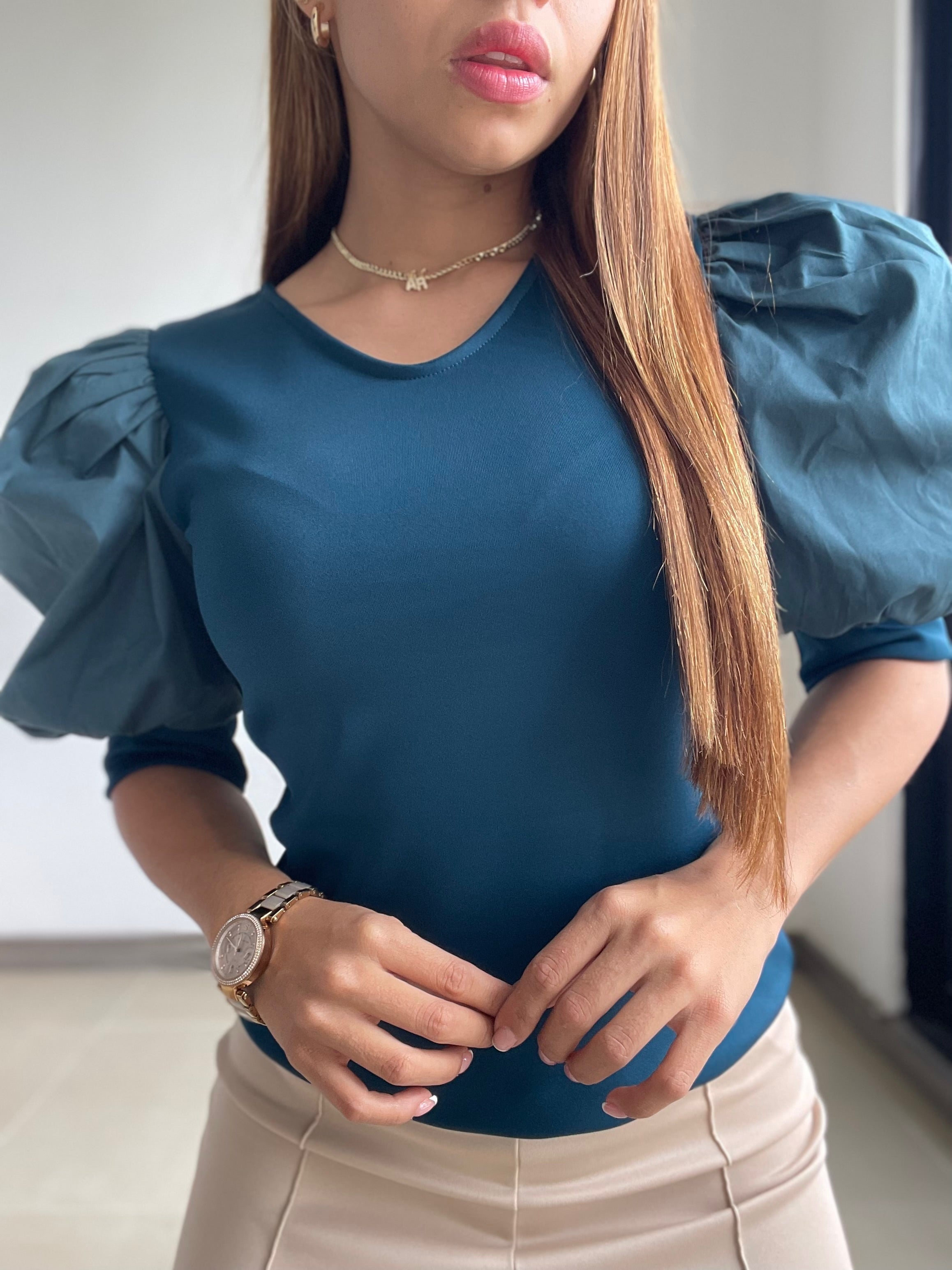 Blusa Scuba Manga Globo En Popelina