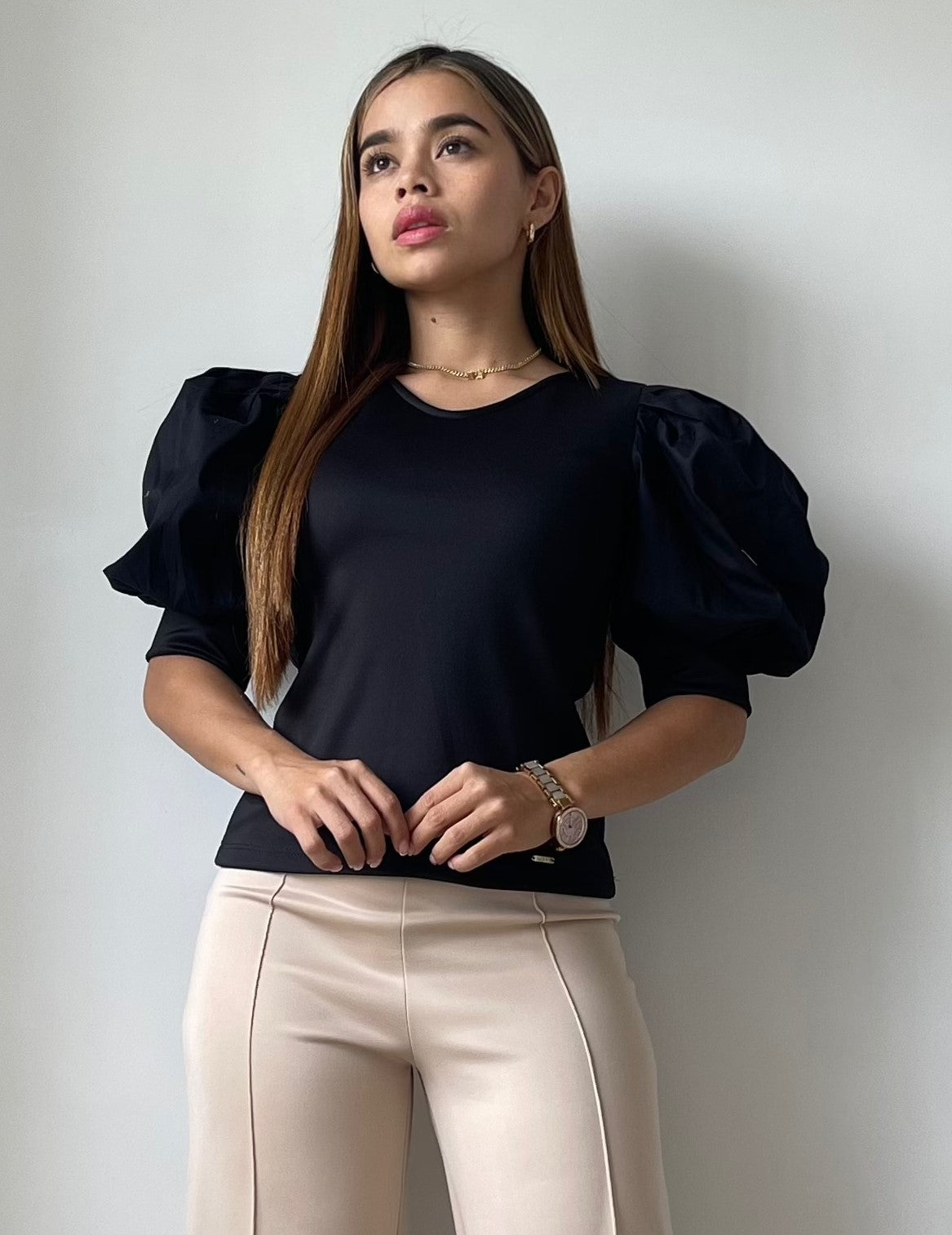 Blusa Scuba Manga Globo En Popelina