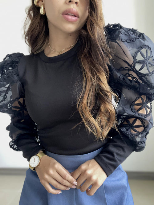 Blusa Cuello Redondo Mangas Encaje