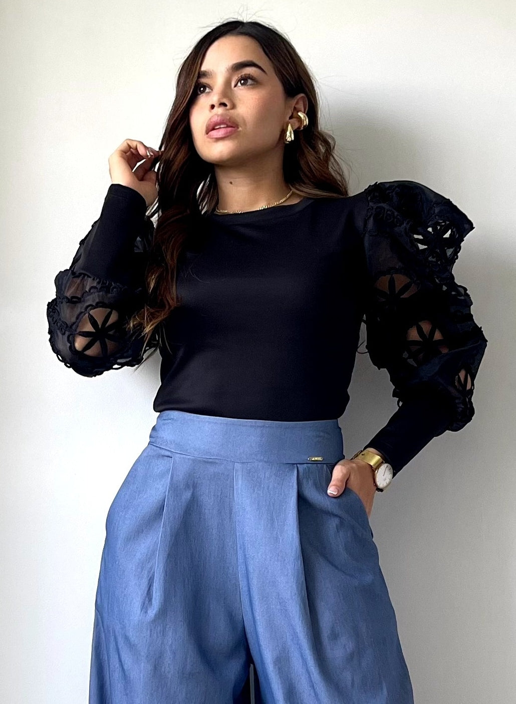 Blusa Cuello Redondo Mangas Encaje