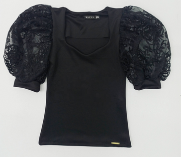 Blusa Cuello V Manga Corta Encaje