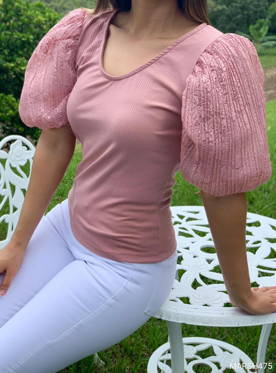 Blusa Manga Corta Bombacha Encaje