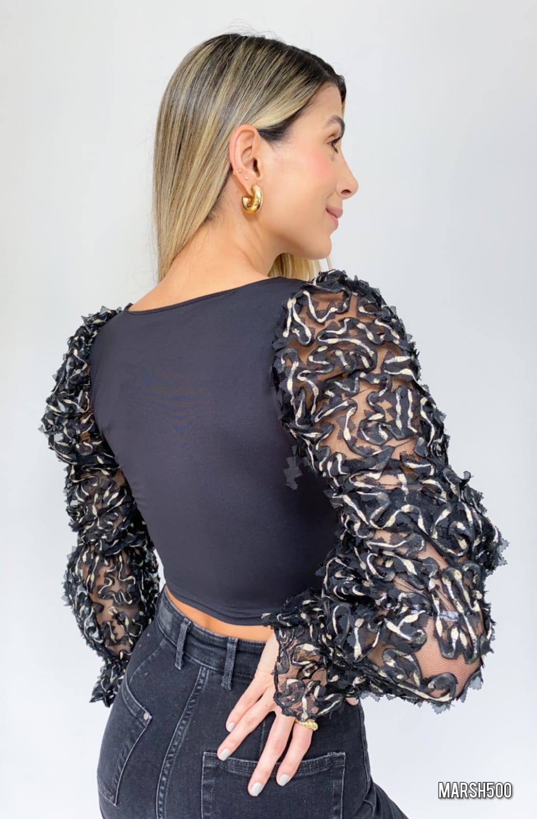 Blusa Licrada Manga Larga Encaje Recogid