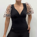Blusa Cruzada Manga Bombacha Tull Puntos
