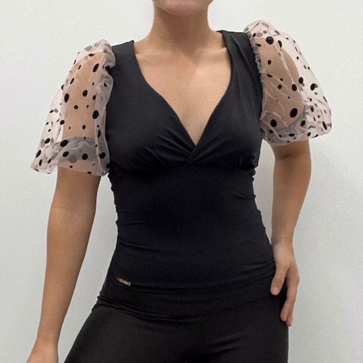 Blusa Cruzada Manga Bombacha Tull Puntos