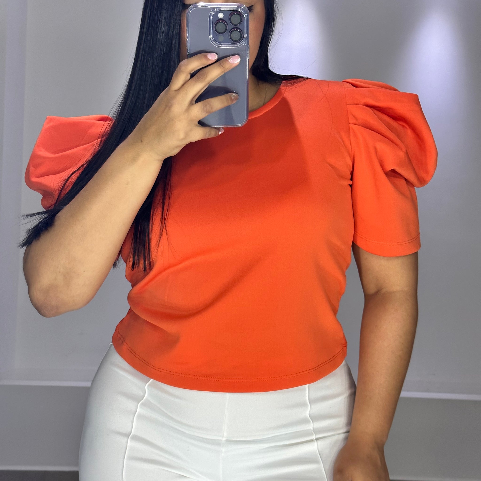 Blusa Cuello Redondo Manga Bombacha Plus
