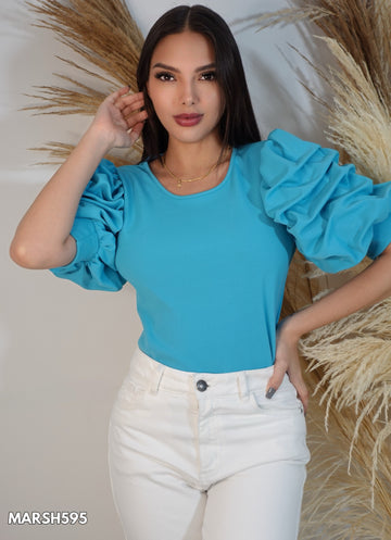 Blusa Manga Bombacha Cuello Redondo