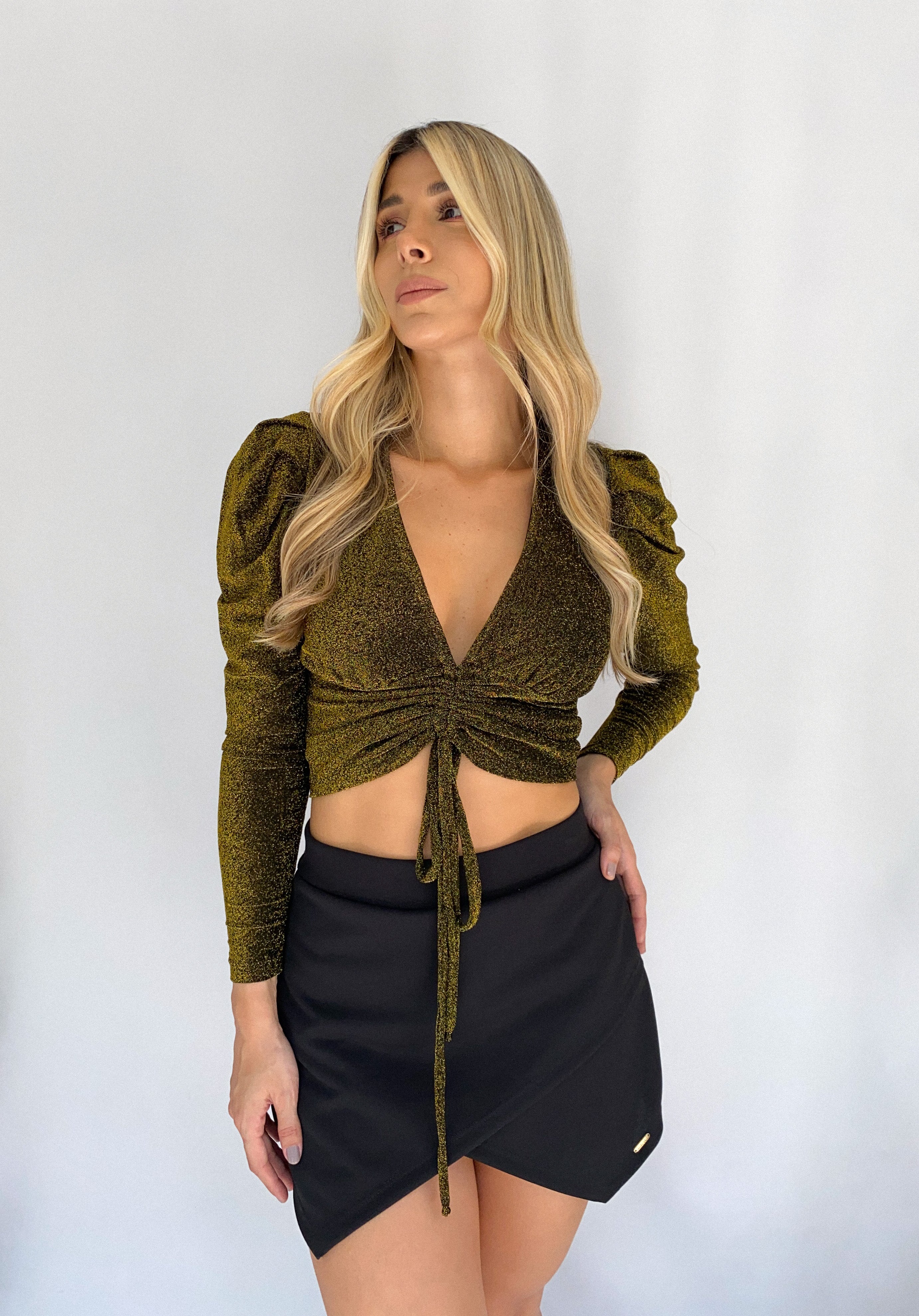 Blusa Manga Larga Ruche Adelante Brillos