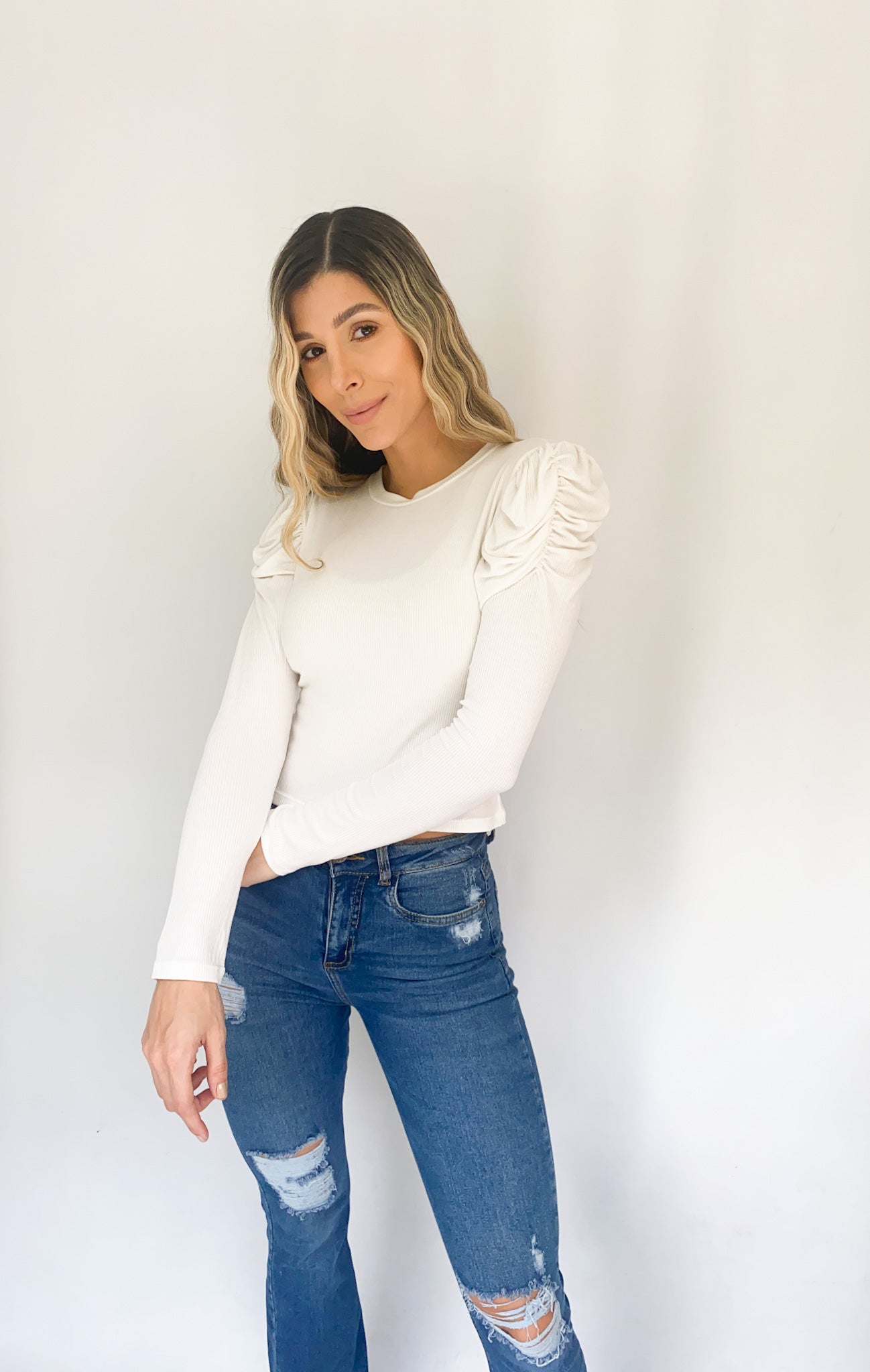 Blusa Manga Larga Bombacha Cuello Redond