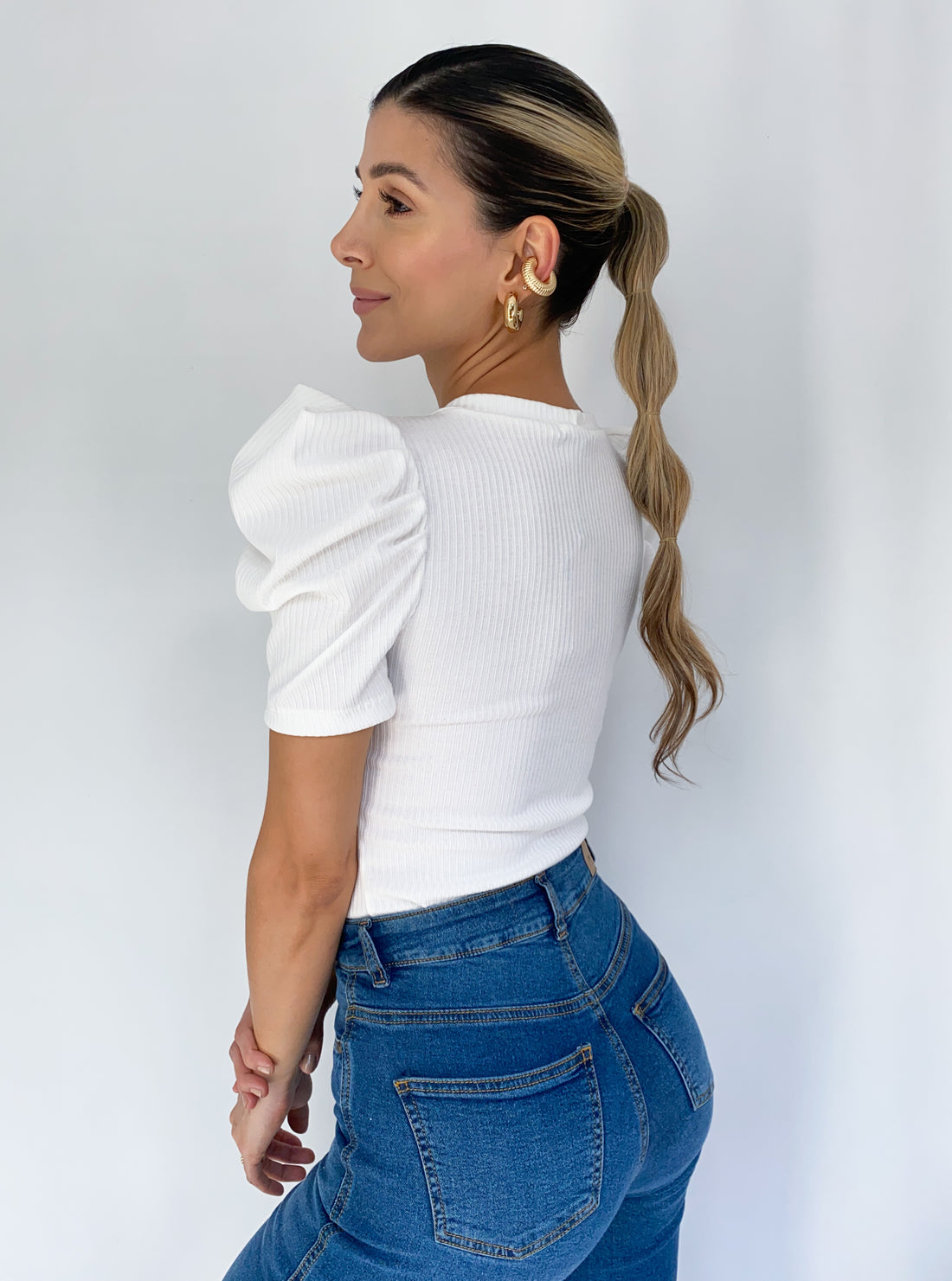 Blusa Rib Manga Corta Globo