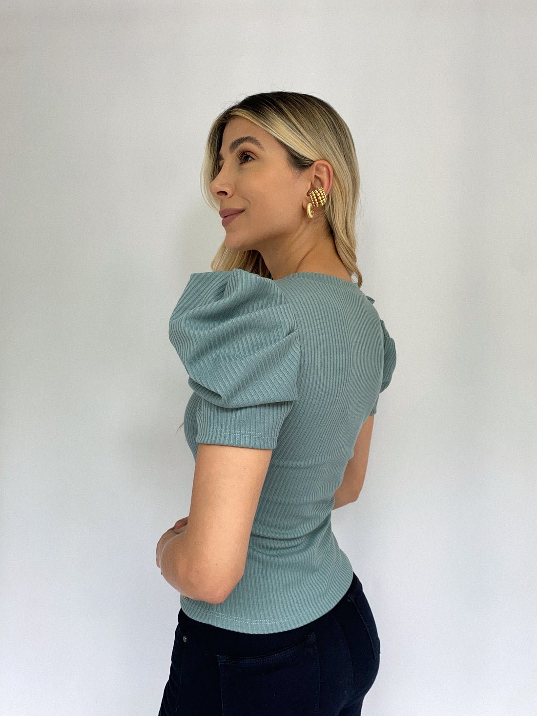Blusa Rib Manga Corta Globo