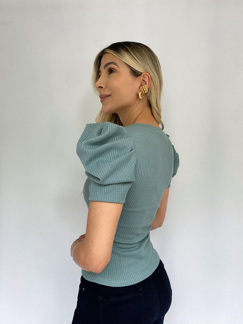 Blusa Rib Manga Corta Globo