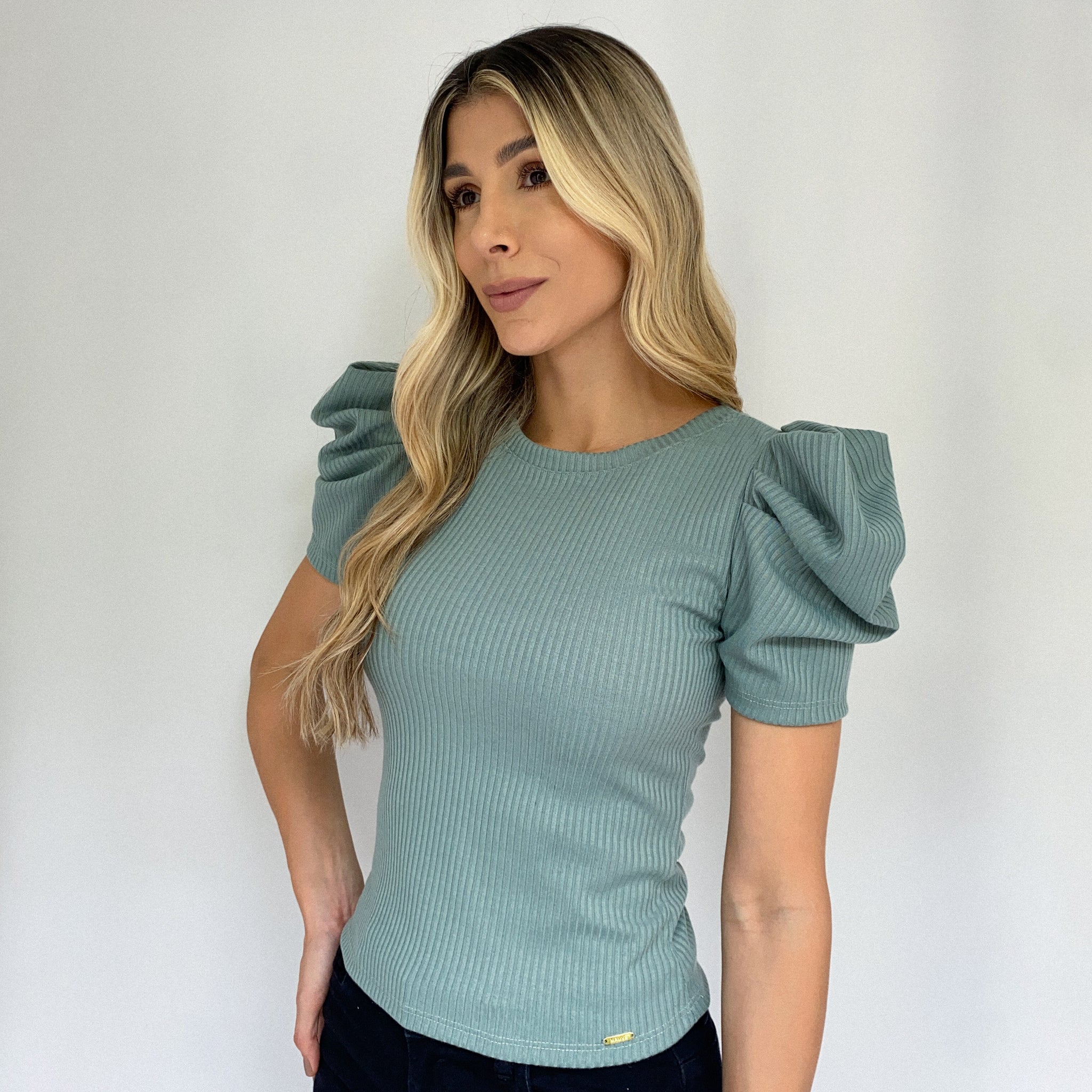 Blusa Rib Manga Corta Globo
