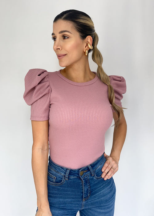 Blusa Rib Manga Corta Globo