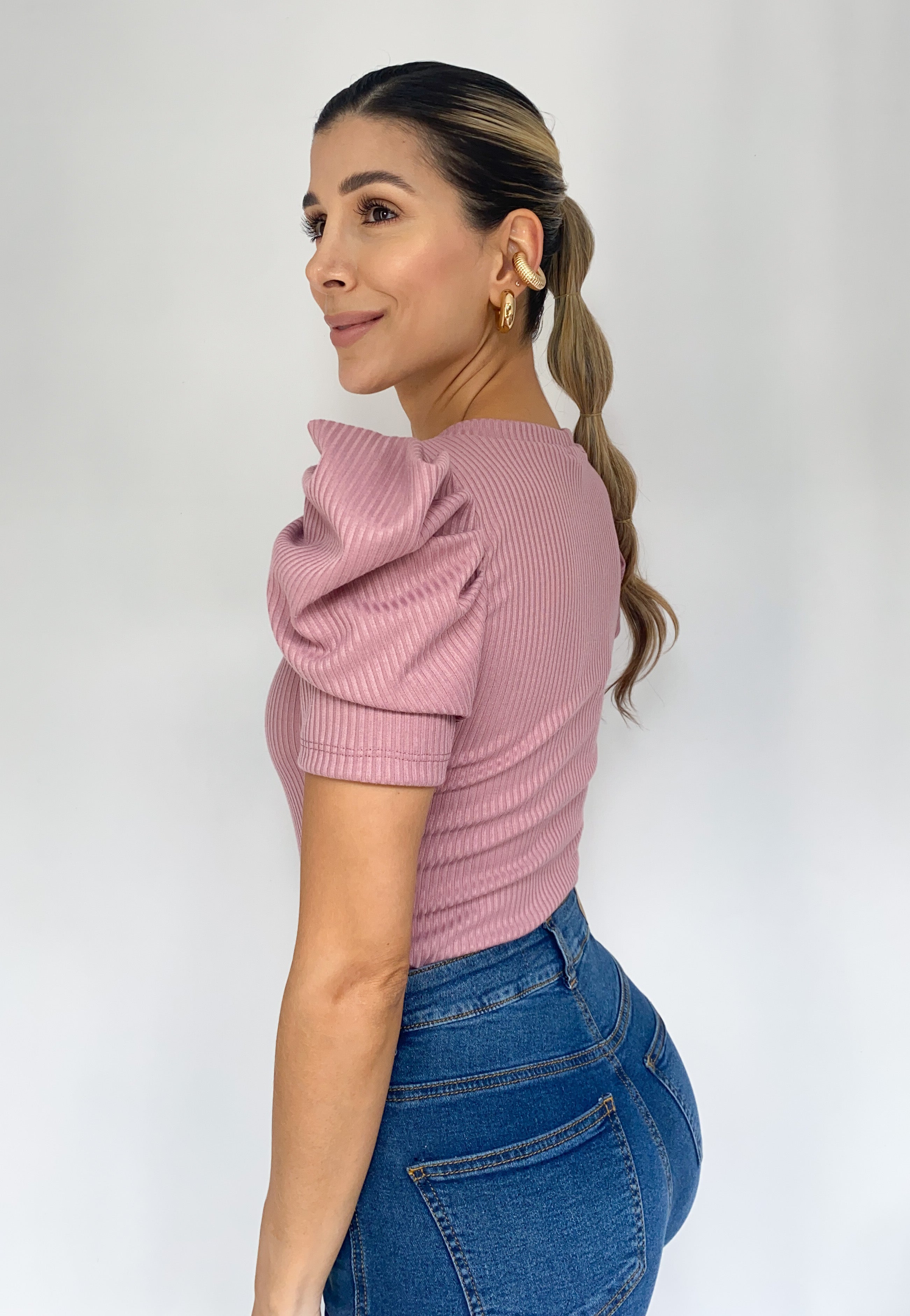 Blusa Rib Manga Corta Globo