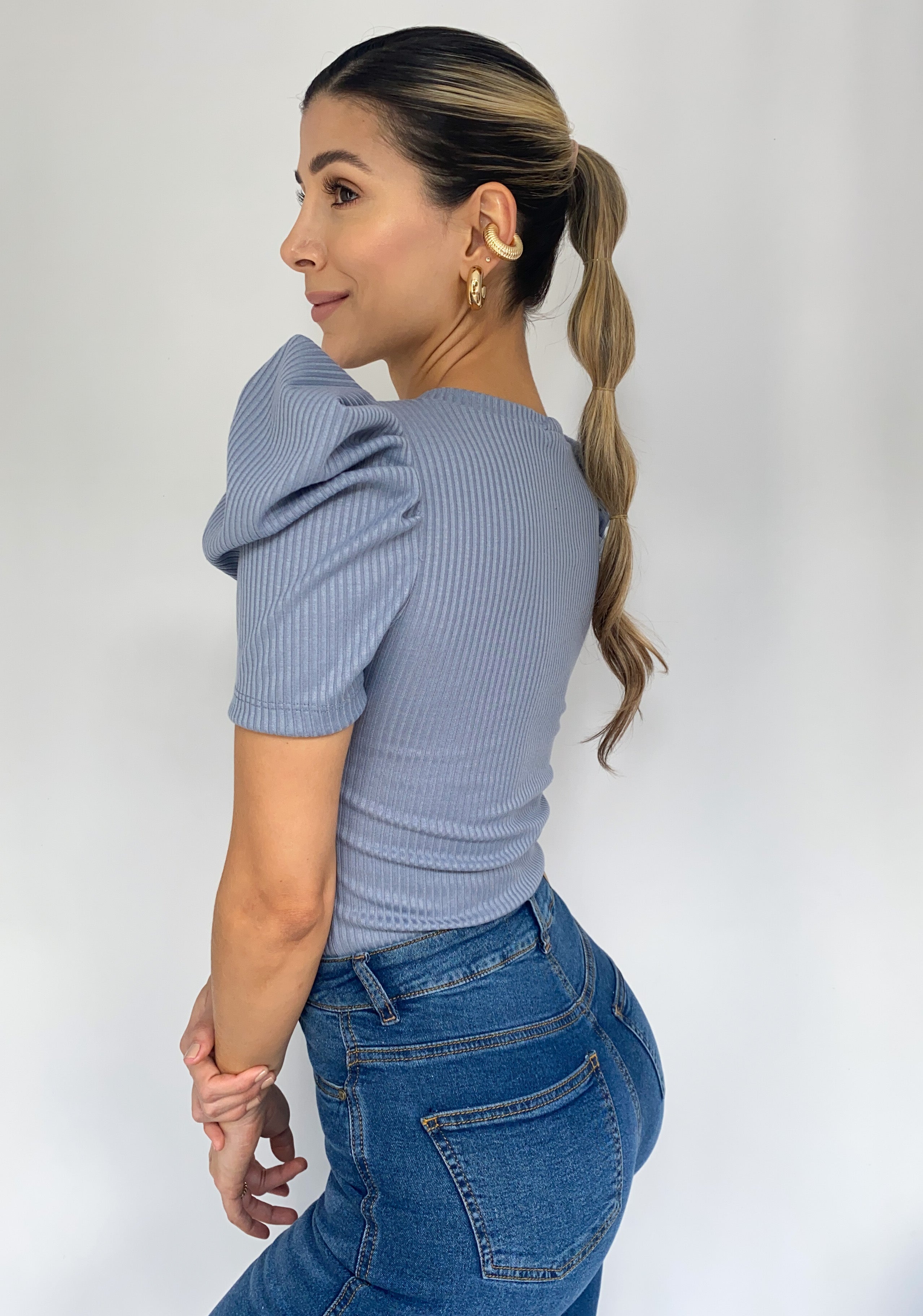 Blusa Rib Manga Corta Globo