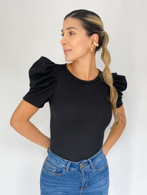 Blusa Rib Manga Corta Globo