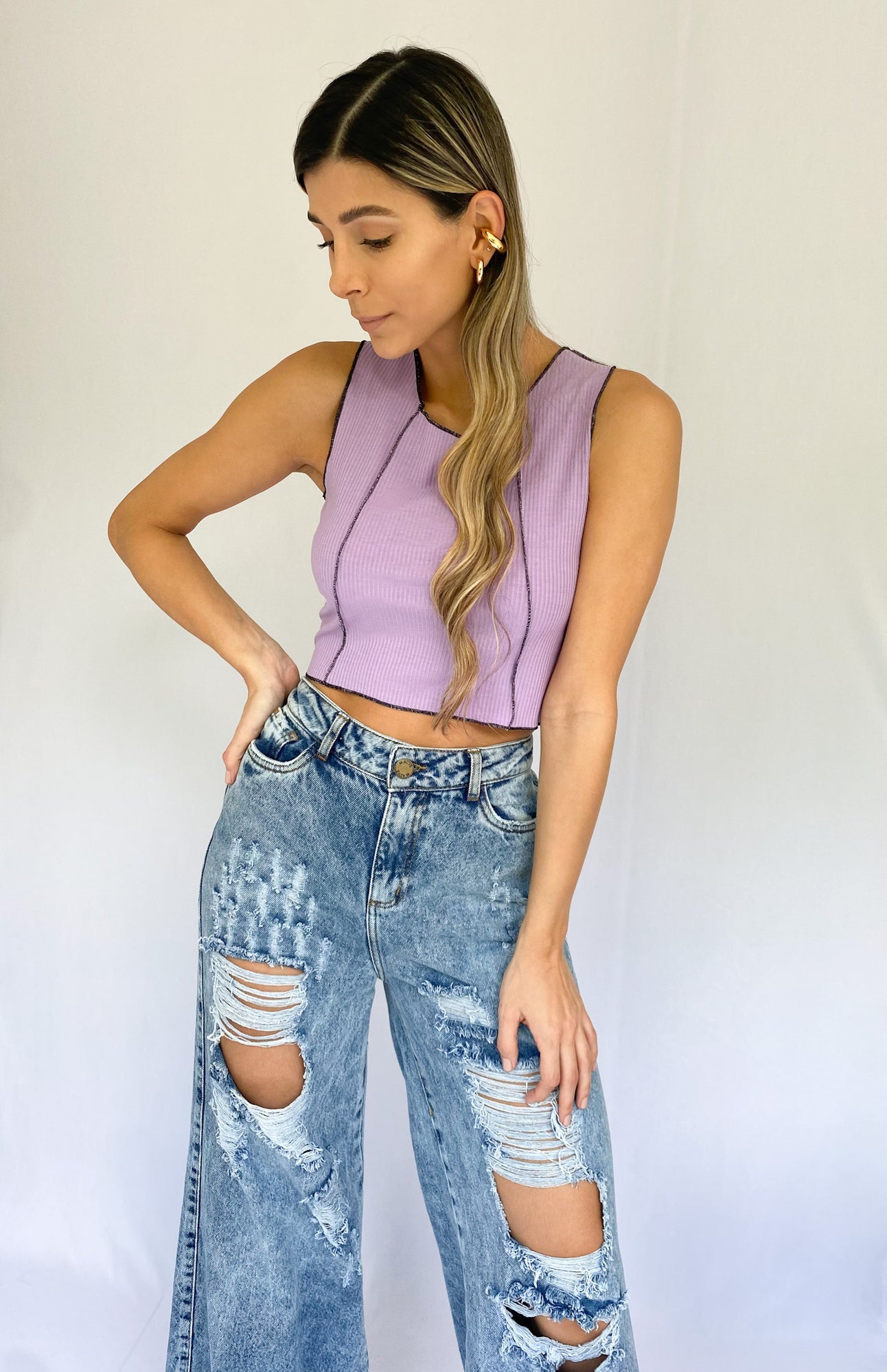 Blusa Rib Manga Sisa Fileteada
