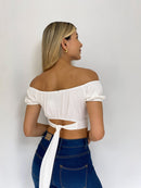 Crop Top Manga Corta Resorte Amarrar