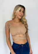 Crop Top Manga Corta Resorte Amarrar