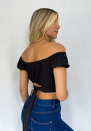 Crop Top Manga Corta Resorte Amarrar