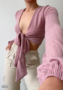 Blusa Corta Manga Larga Amarrar Centro