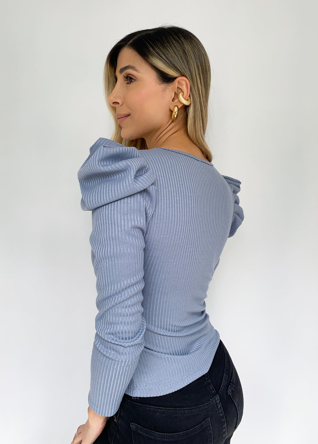 Blusa Manga Larga Bombacha Cuello Redond