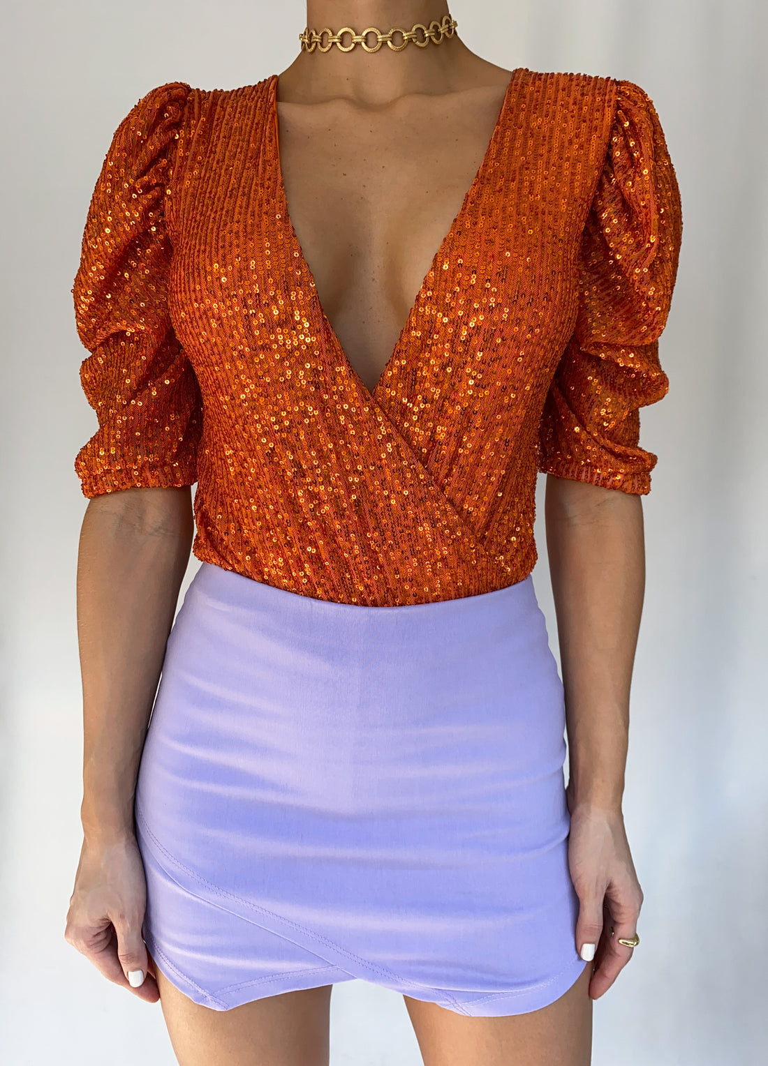 Body Manga Bombacha Cuello V Lentejuelas