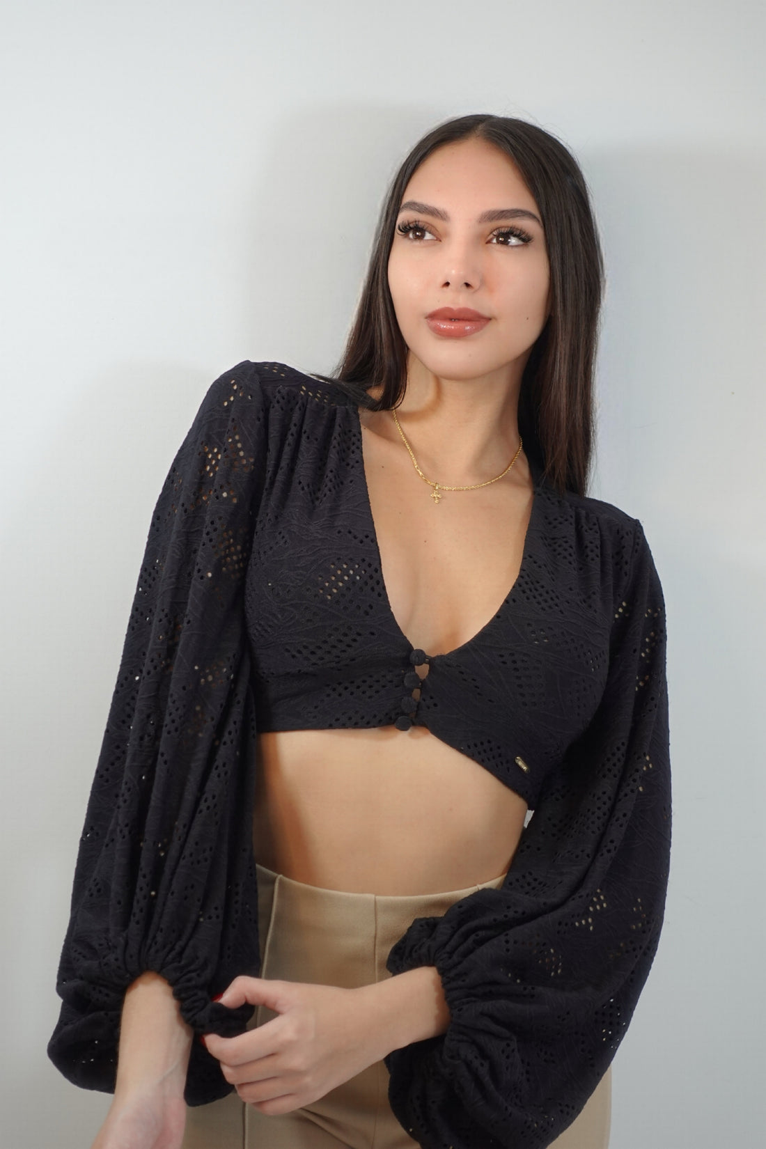 Blusa Manga Larga Bombacha Escote Boton