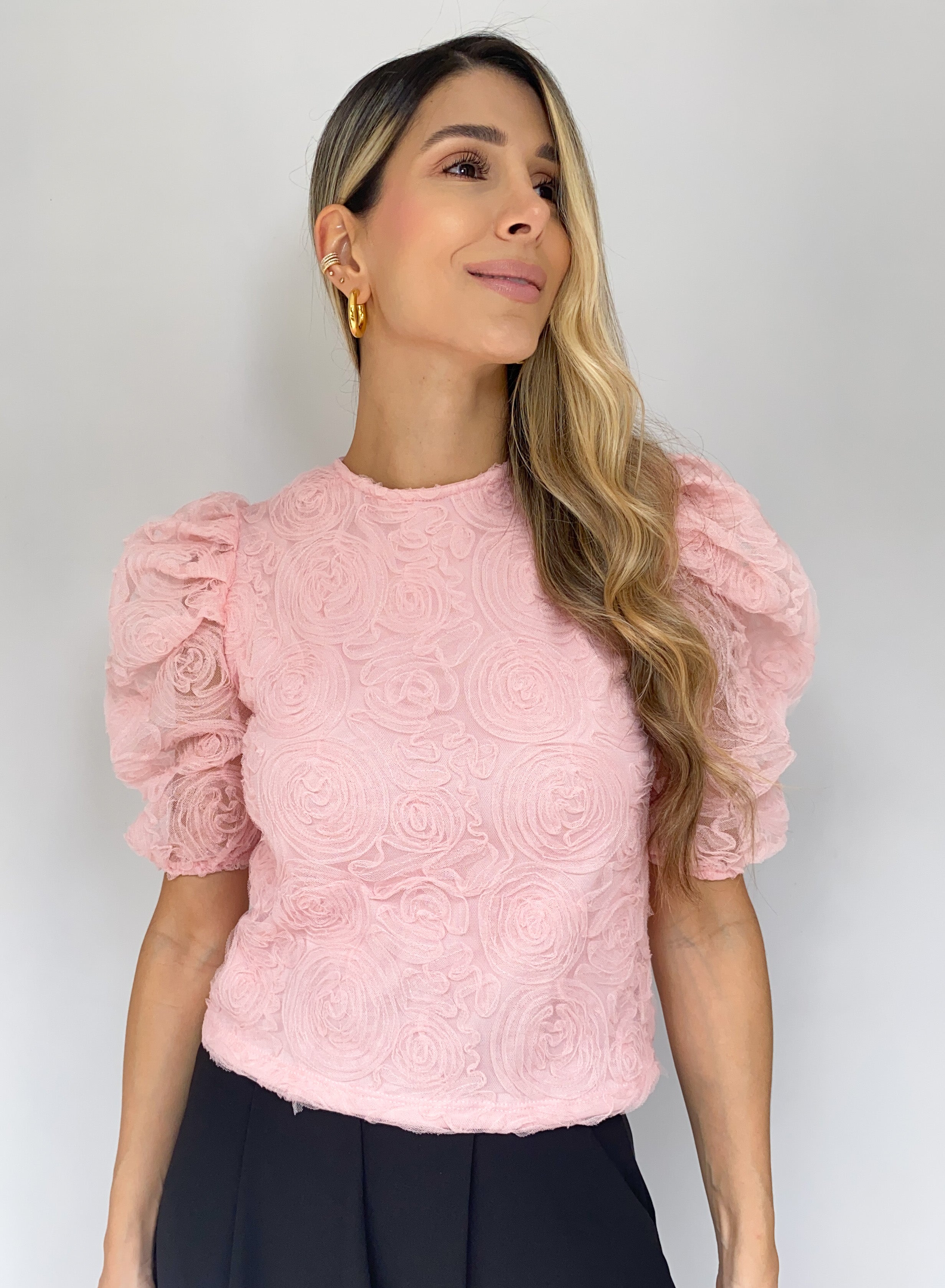 Blusa Manga Corta Encaje Rosas