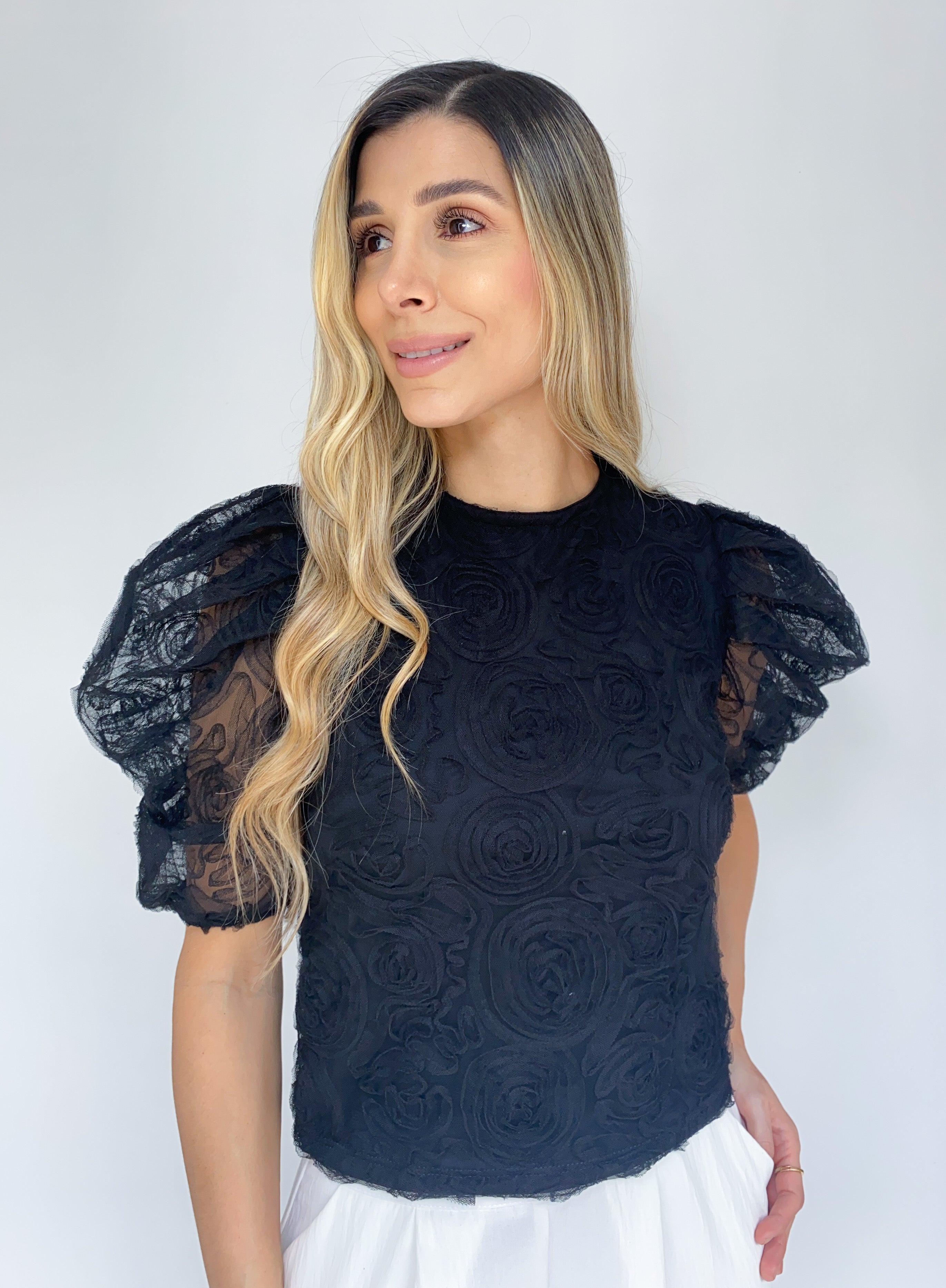 Blusa Manga Corta Encaje Rosas