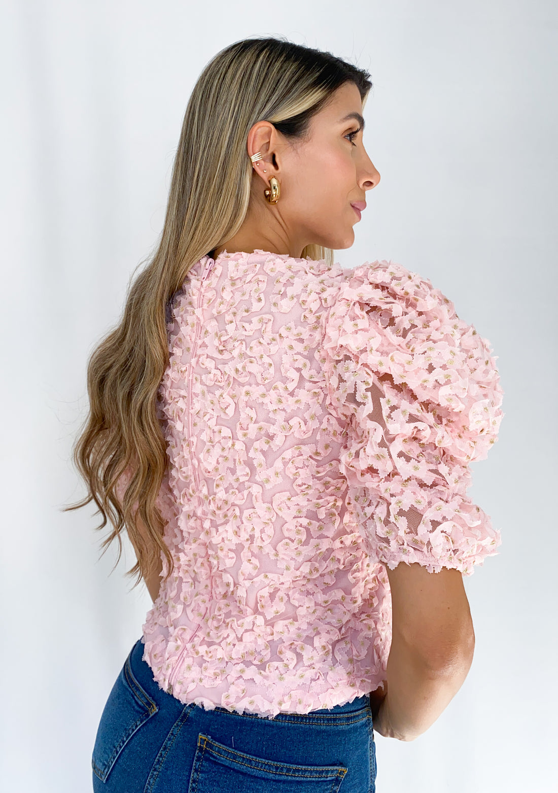 Blusa Manga Corta Flores Brillos