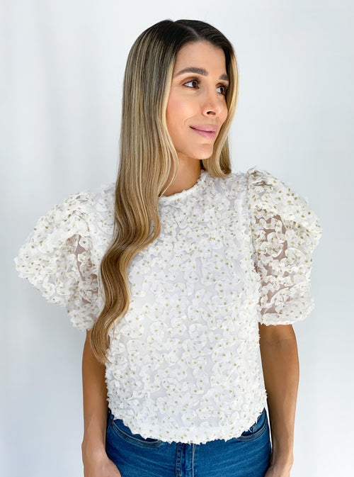 Blusa Manga Corta Flores Brillos